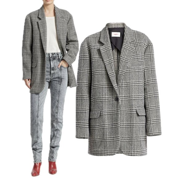 Isabel Marant Étoile Oversized Single-Breasted Plaid Coat (Ecru Black/White)